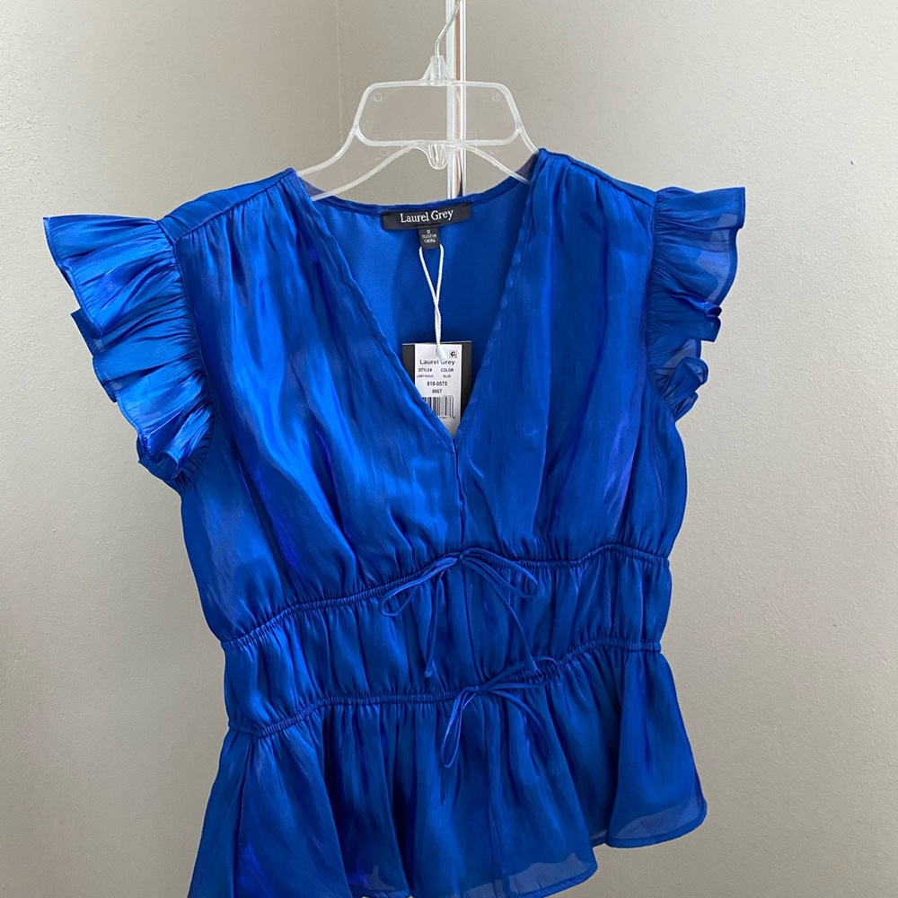 Women's Royal Blue Iridescent Ruffle Blouse